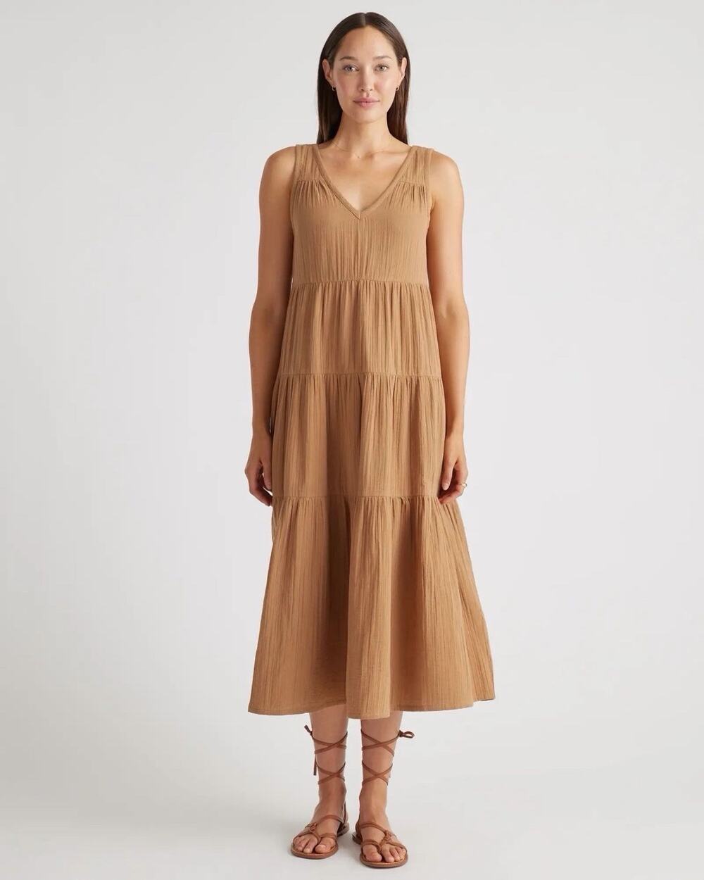 Quince Size XL Women's 100% Organic Cotton Gauze Tiered Maxi Dress Brown Tan